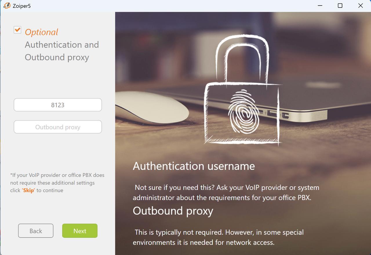 Third screen of Zoiper client settings: Authentication username