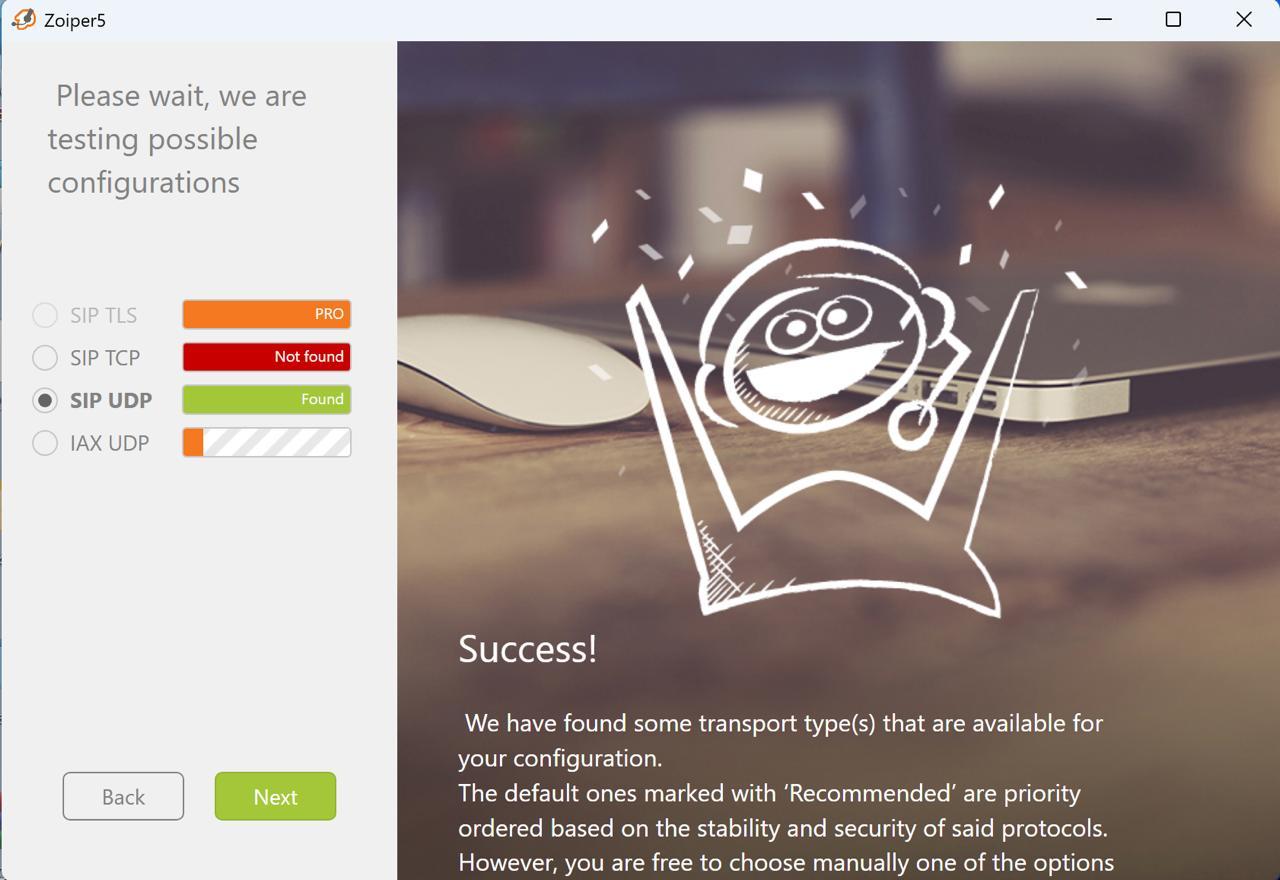 Vierter Bildschirm der Zoiper-Client-Einstellungen: Wählen Sie SIP UDP