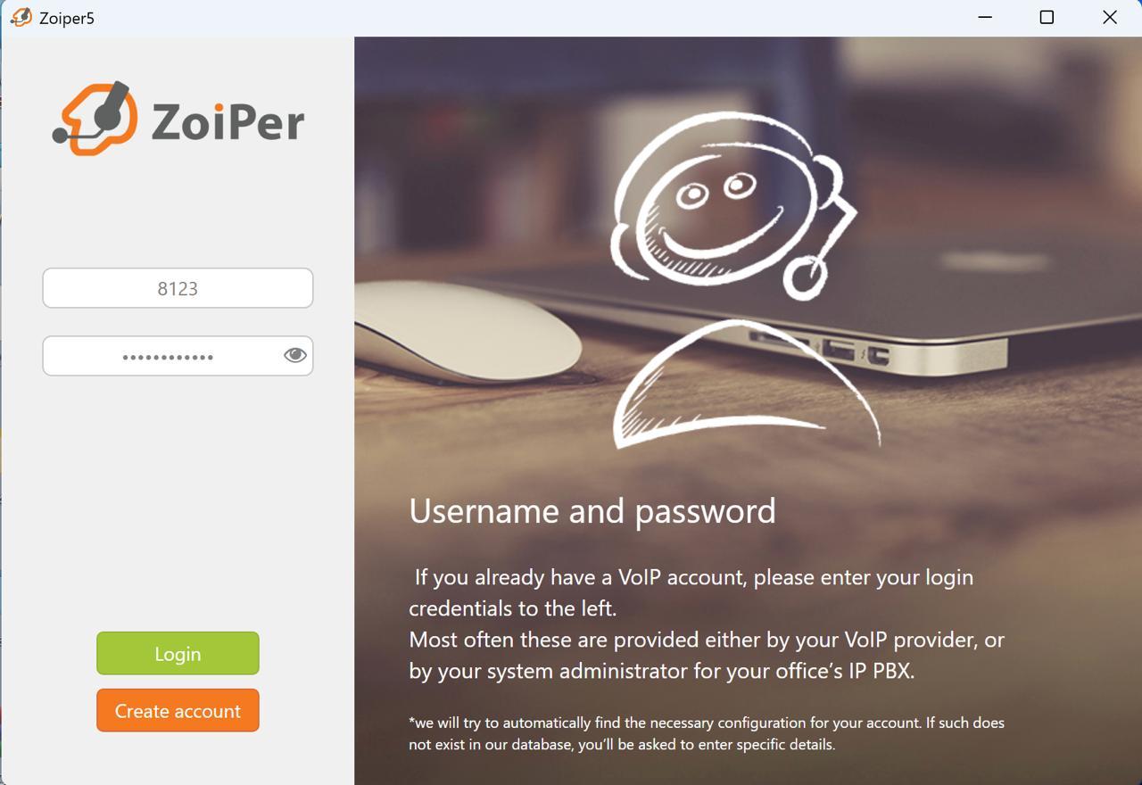 First screen of Zoiper client setup: enter password and login